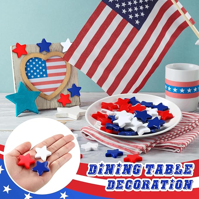 60 Pcs 4th of July Star Vase Bowl Table Filler Mini Resin Patriotic Star Red White Blue Decor for Craft Cutouts Tiered Tray Vase Bowl Table Filler Decor for Independence Day Hanging Ornament,1.18''