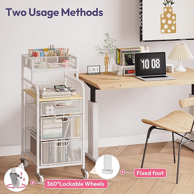 SWTYMIKI Office Rolling Cart with 3 Drawers - Metal Utility Cart with Wood Shelf, DIY Divider and Locking Wheels, Craft & Art Cart Organizer for Under Desk Storage for Home Office Studio, White