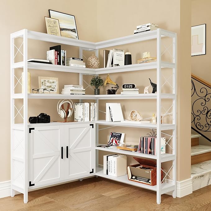 Wildhome 6-Shelf Corner Bookshelf, Vintage Industrial Corner Shelf Etagere Bookcase, Large Book Shelf with Metal Frame Open Storage Corner Cabinet (White-Lockers, Large)