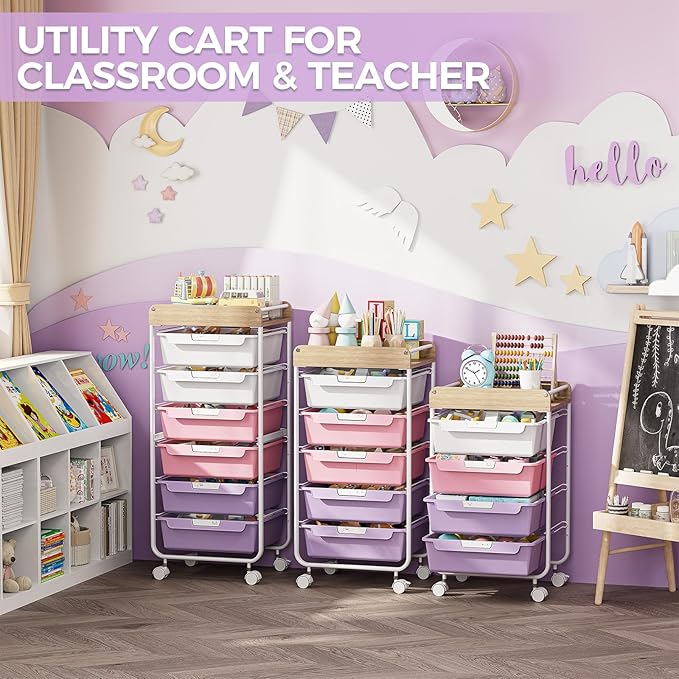 SYKIARIOL Rolling Storage Utility Cart With 4 Drawers,Kids Craft Art Cart,Makeup Organizer And Storage with Wooden Tabletop,Purple
