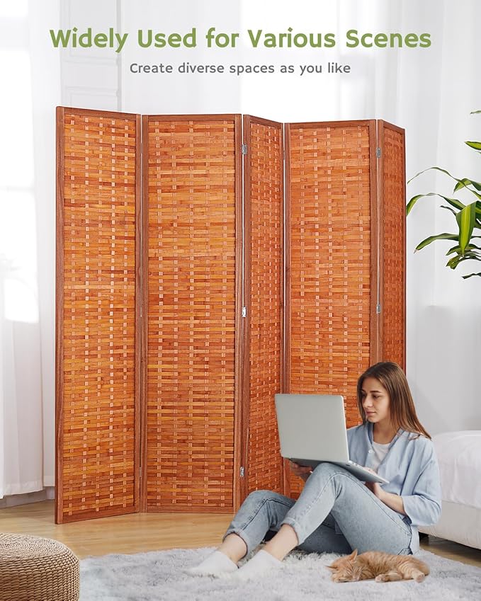 JOSTYLE 6ft Folding Privacy Screens 5-Panel Freestanding Room Dividers, Reddish Brown, 70.9" H x 99" W