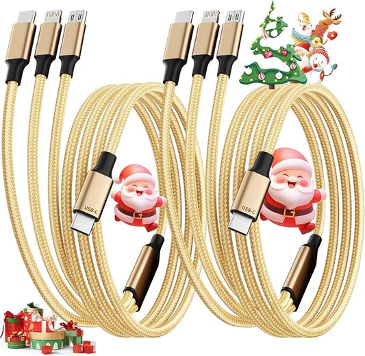 IDISON USB C Multi Charging Cable [2Pack 4FT], 3 in 1 Charging Cable Nylon Braided USB-C Multiple Charger Cord with Type-C, Micro USB and IP Port for Cell Phones and More (Golden)