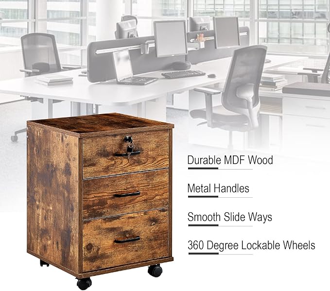 OFCASA 3 Drawer File Cabinet with Lock, Small Rolling Filing Cabinets for Home Office, Wood Under Desk File Cabinet with Wheels, Mobile Storage Organizer, Printer Stand for Letter/Legal, Rustic Brown