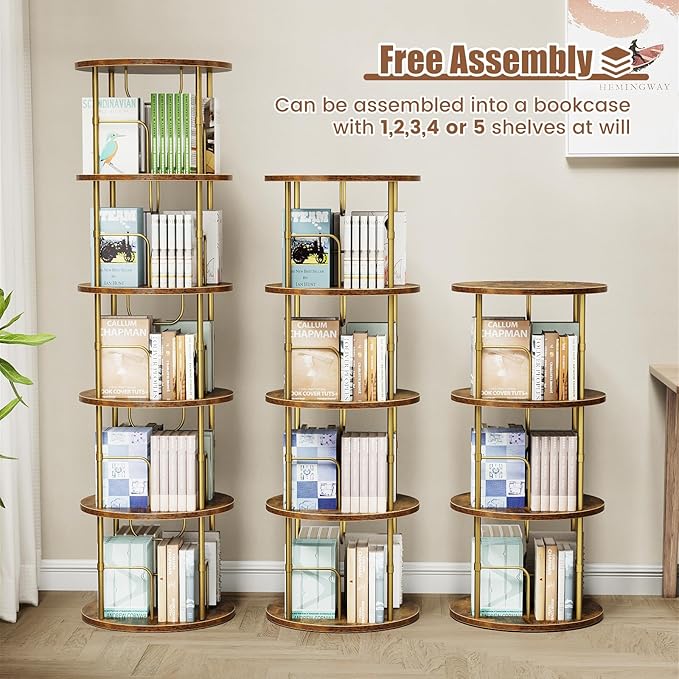 ALLSTAND 5 Tier Rotating Bookshelf, 360 ° Display Stackable Spinning Bookshelf Tower, Narrow Space Saving Tall Floor Standing Swivel Bookcase Corner Storage Organizer for Bedroom, Living Room, Gold
