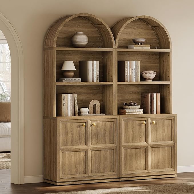 SICOTAS 81" Tall Arched Bookcase, Large Bookshelves with Storage, Modern 5-Tier Arched Cabinet with Adjustable Shelves & Cable Management for Home Office Library Living Room Kitchen, Brown Oak, 2 PCS