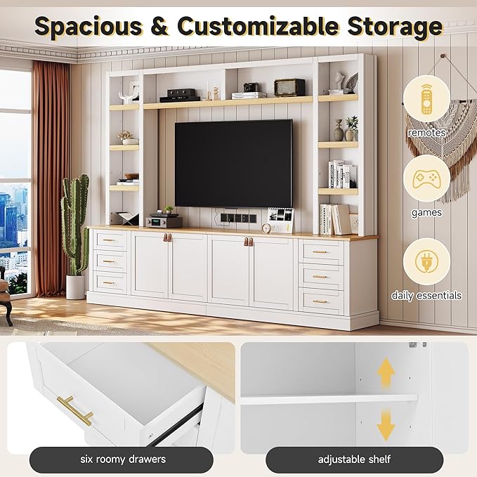 102.3"W Farmhouse 4-Piece Entertainment Center Wall Unit with Adjustable Shelves, Modern Large TV Stand with Bookshelves for TVs Up to 75", Rustic Media Console with 6 Drawers for Living Room, White