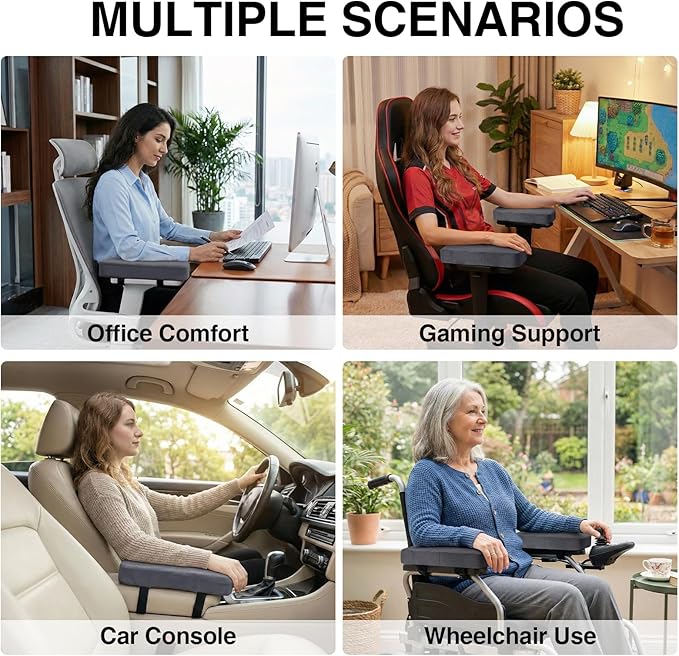 Smiry Ergonomic Office Chair Armrest Pads, Memory Foam Arm Rest Covers, Non-Slip Armrest Cushion with Adjustable Buckles and Straps, Elbow Relief for Desk, Gaming & Wheelchair (Dark Grey, Set of 2)