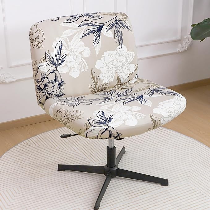Criss Cross Chair Cover Waterproof Elegant Flower Wide Armless Vanity Desk Chair Slipcover 1 Piece Washable