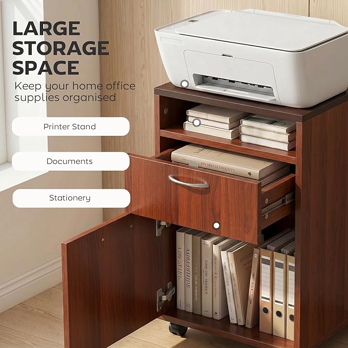 HOMCOM Mobile Storage Cabinet Organizer with Drawer and Cabinet, Printer Stand with Castors, Brown