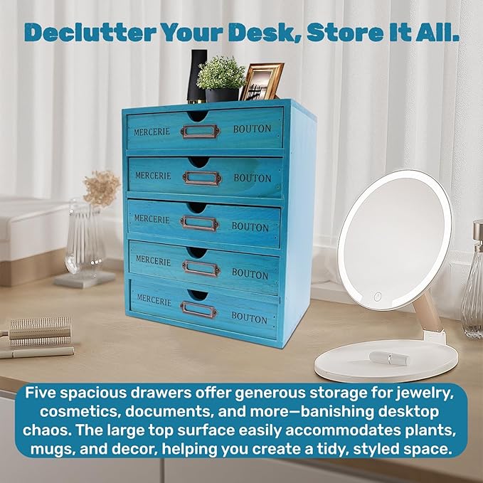 Wooden Drawer Organizer Storage Box with Label Holders Vintage Wood Desktop Organizer, Desk Drawer Unit Collectors Box for Living Rooms, Bedrooms, Offices (Blue, 1PC 5 Drawers)