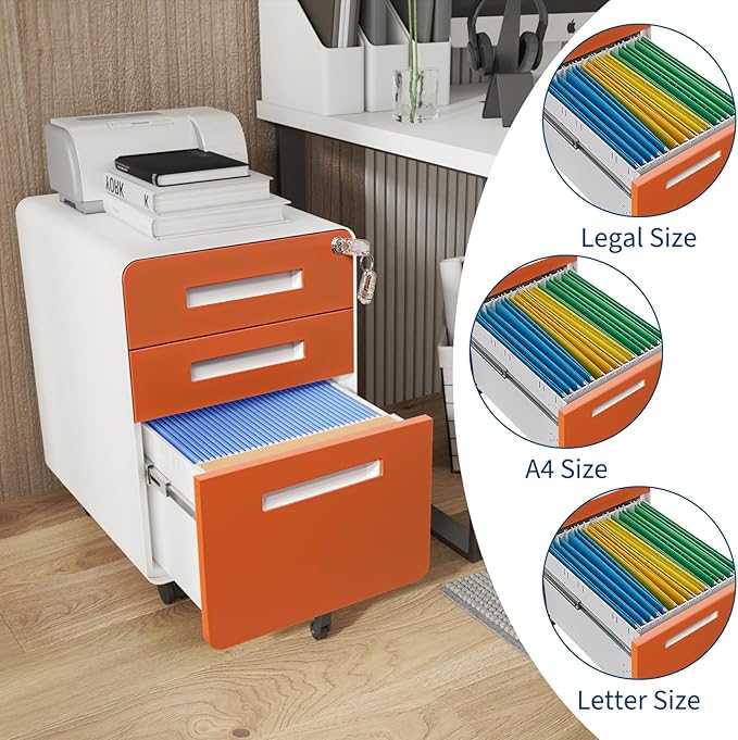 3 Drawer Mobile File Cabinet with Lock, Under Desk Metal Filing Cabinets with Wheels for Home Office Organizer Letters/Legal/A4, Fully Assembled