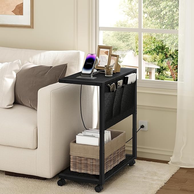 YATINEY PC Stand, Computer Tower Stand with Charging Station, Height Adjustable PC Tower Stand for Floor, 2 Tier Computer Cart On Wheels, 23.1" -29" H,19.7" L x 11" W, for Home Office, Black CJ60BB