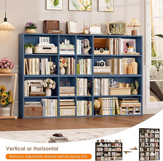 FOTOSOK 71'' Tall Bookshelf with 14 Cubes, 7 Tier Double Wide Bookshelf with 6 Adjustable Shelves, 19.6" Narrow Bookcase DVD/CD Media Storage Shelf, Space Saving Display Shelf Cabinet, Blue