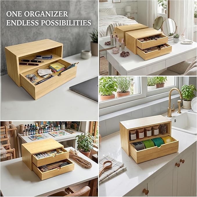 Bamboo Desk Organizer with 2 Drawers, Desktop Drawers 13.4 x 7.1 x 7.5 Inches Countertop Storage Box for Office Supplies Makeup Vanity Kitchen, Wooden Tabletop Drawer No Assembly Required (2 Drawers)