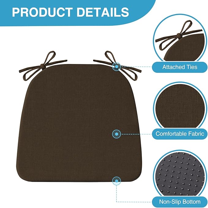 IASEAHK Chair Cushions for Dining Chairs Set of 4, Non Slip Kitchen Chair Pads, 17" x 16" x 2", Indoor Dining Chair Cushions with Ties, D-Shaped Seat Cushions for Kitchen Chairs, Brown