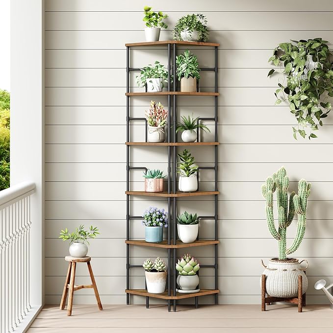 MAHANCRIS 65" Corner Shelf, 6-Tier Industrial Corner Bookshelf with Metal Frame, Small Plant Stand, Display Shelf for Living Room, Bedroom, Home Office, Small Spaces, Rustic Brown CSHR6601