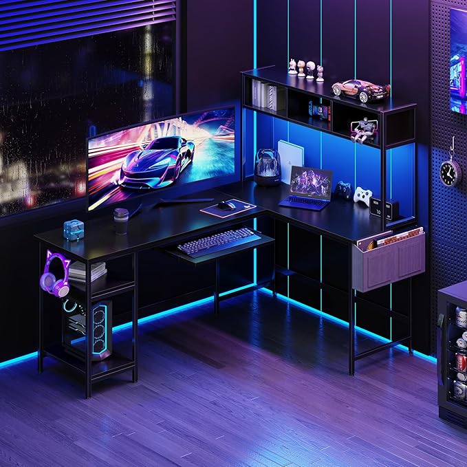 DUMOS L Shaped Gaming Desk 67", Reversible Computer Desk with LED Lights, Corner Desk for Small Spaces with Keyboard Tray & Storage Shelf, Metal Frame PC Gaming Table for Home Office Bedroom, Black