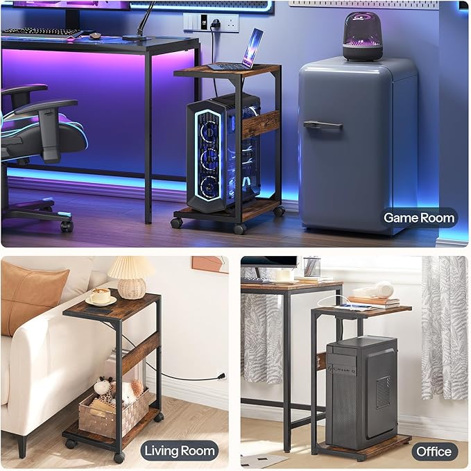 HOOBRO Computer Tower Stand, PC Stand with Charging Station, 2-Tier PC Tower Stand with Locking Caster Wheels, CPU Stand Fits Most PCs, PC Stand for Floor, for Home Office Rustic Brown BF01UCJ01G1