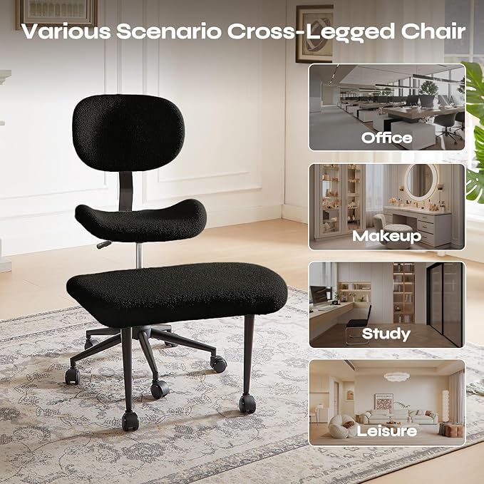 Pinmoco Ergonomic Cross Legged Chair for ADHD, Meditation Chair with 360° Swivel Wheels, Kneeling Office Chair with Back Support, Strong Lumbar Support, Teddy Fabric, Black