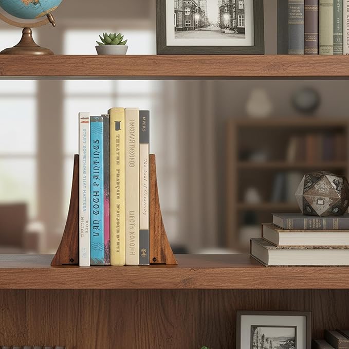 TILISMA Walnut Bookends for Shelves | Wooden Book Ends for Shelves | Sturdy Book Holders, Stoppers with Metal Base for Bookshelves | Slick Decorative Bookends Stands Firmly on Bookshelf (Pair)