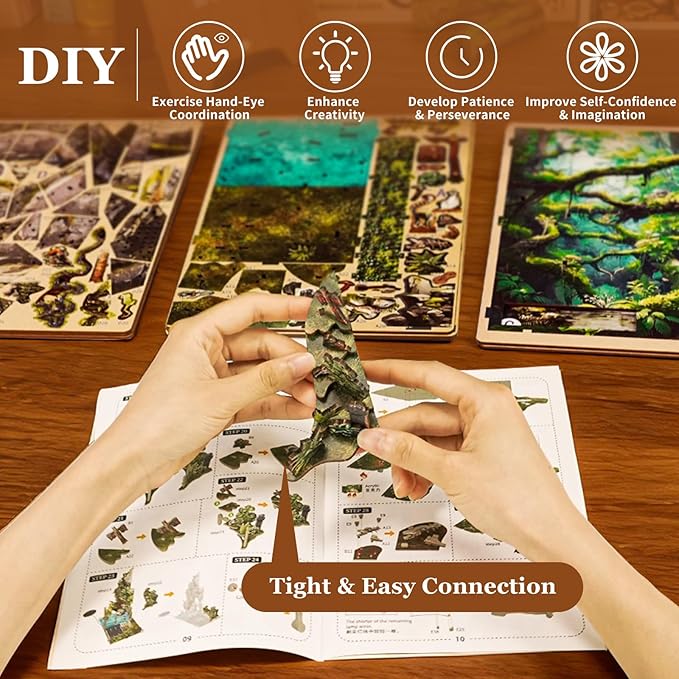 fifijoy Jungle Adventure Book Nook Kit - DIY Miniature Dollhouse Booknook for Adults, 3D Wooden Puzzle Bookend Bookshelf Decor with LED Light and Sound Effects, Creative Gift for Family, Friends