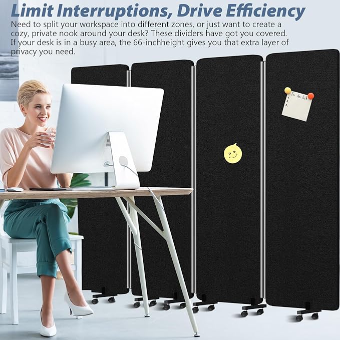 Room Divider Soundproof Privacy Panel with Wheels, 4 Panel Wall Divider (Aluminum Frame) for Room Partition, Folding Room Dividers Space Separation Office Cubicle Wall Divider Sound Proof Separator