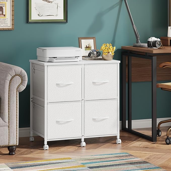 HIGDBFE 4 Drawer Lateral File Cabinet, Mobile Filing Cabinet for Large Printer, Home Office Functional Office Storage Cabinet & Printer Stand, Fits Letter/A4, White