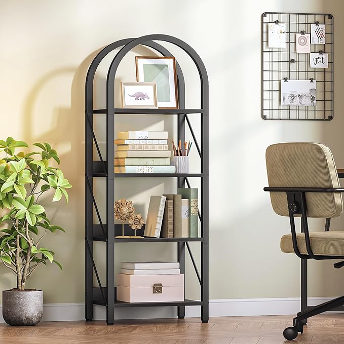 HOOBRO Bookshelf, 4-Tier Arched Bookshelf, Industrial Bookcase with Metal Frame, Small Book Shelf Storage Organizer for Living Room, Office, Bedroom, Black BB424SJ01