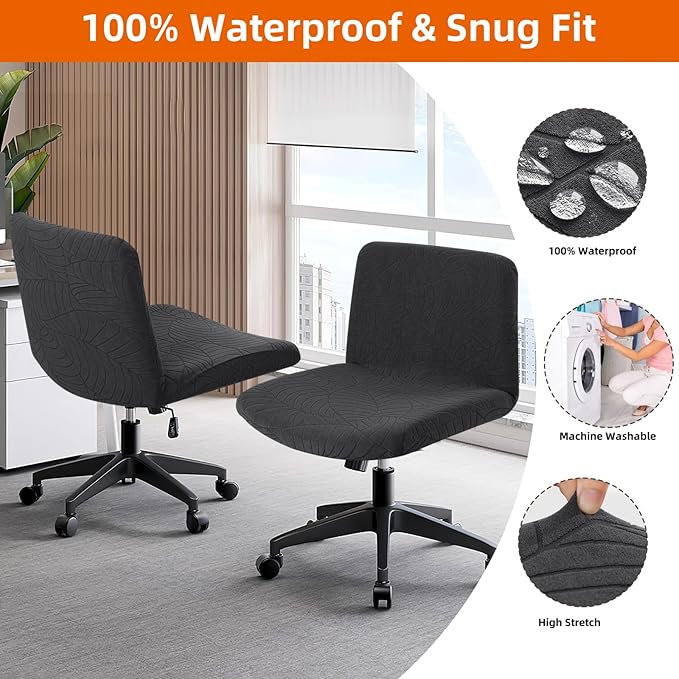 Fuloon Criss Cross Chair Cover, Waterproof, Stretchable, Solid Jacquard, Suited for Armless/Office/Desk/Mid Back Wide Seat/Computer/Task/Vanity/Accent Chair (Leaves -Shaped Jacquard, Black)