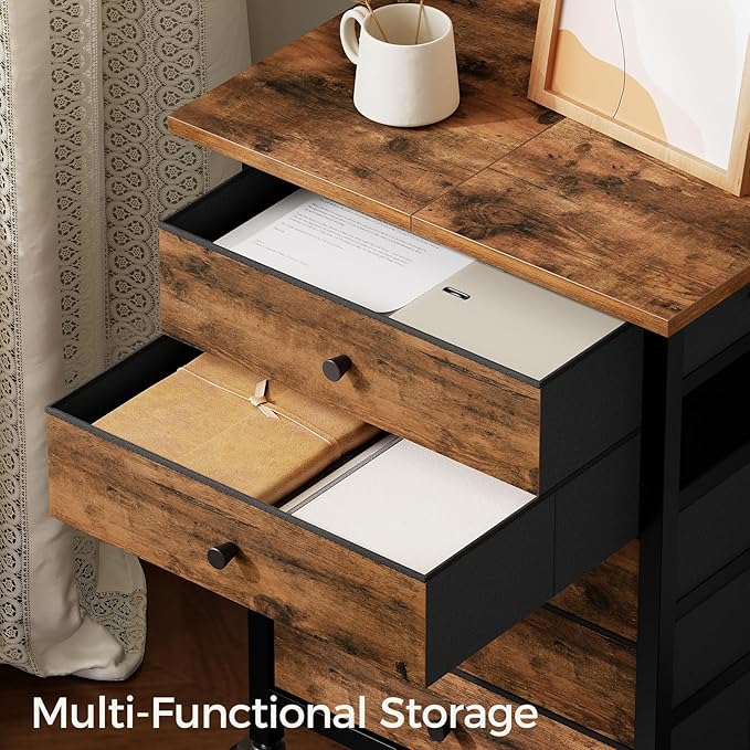 MAHANCRIS 5 Drawer File Cabinet,Rolling Filing Chest Cabinet with Wheels, Under Desk Storage Organizer, Printer Stand with Non-Woven Fabric Drawer, for Home Office, Study, Rustic Brown FCHR4801