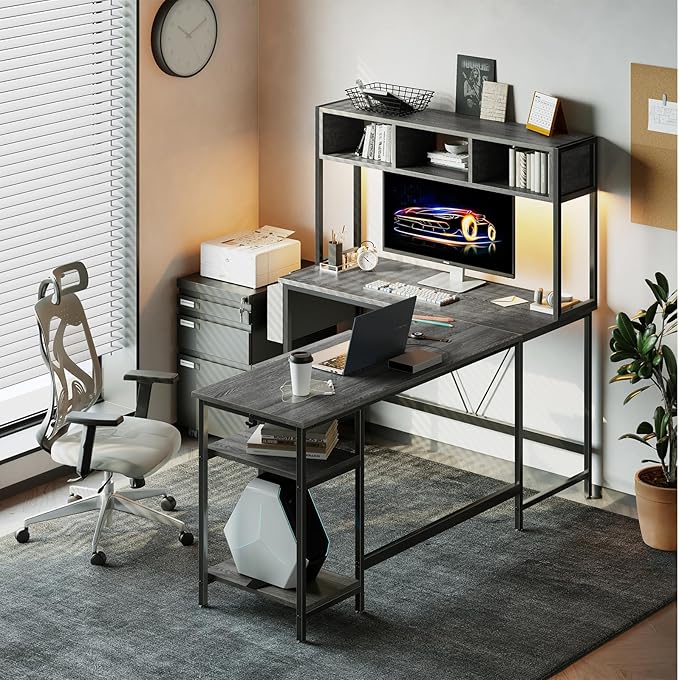 DUMOS L Shaped Gaming Desk 67", Reversible Computer Desk with LED Lights, Corner Desk for Small Spaces with Keyboard Tray & Storage Shelf, Metal Frame PC Gaming Table for Home Office Bedroom, Gray