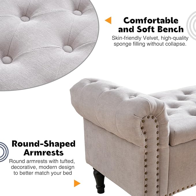 67'' End of Bed Bench King Size, Storage Bench for Bedroom End of Bed, Upholstered Tufted Storage Ottoman Benches with Arms for Living Room, Entryway, Windows, Light Grey