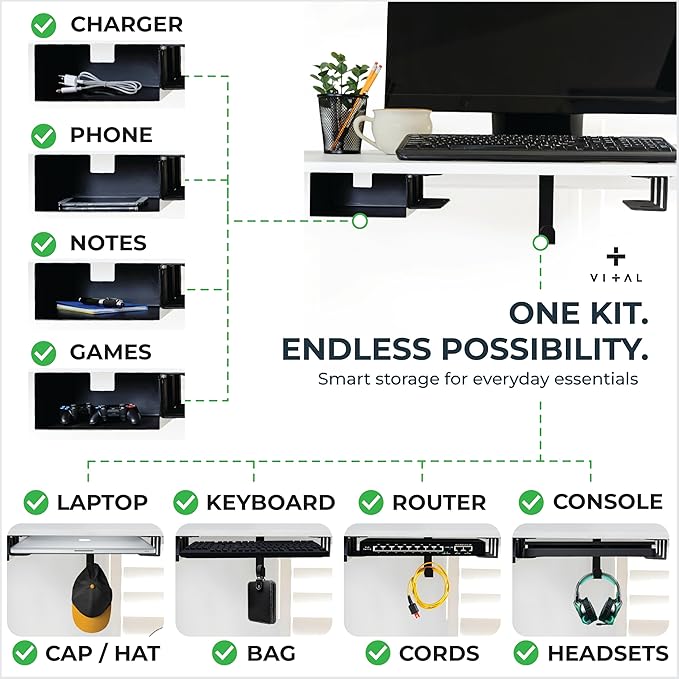 VI+AL Under Desk Laptop Mount - Hidden Metal Shelf with Side Storage, Hook & Cable Organizer - Installs with Tape & Screws - Fits Devices up to 1.7" Thick - Deluxe + LED (USB Light Strip & Remote)