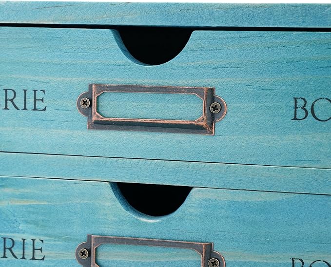 15-Drawer Wooden Desk Organizer Storage Box with Label Holders Vintage Wood Desktop Organizer, Desk Drawer Unit Collectors Box for Living Rooms, Bedrooms, Offices (Blue, 5PCS 15 Drawers)