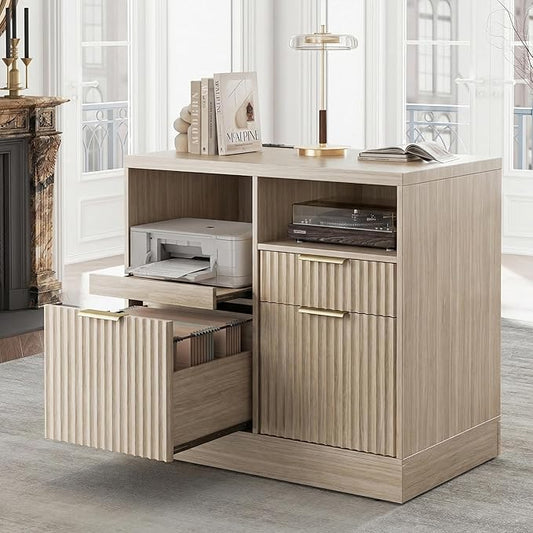 3 Drawer File Cabinet, Fluted Filing Cabinet for Home Office with Charging Station, Wooden Office Cabinet Fits for A4/Letter-Sized Files, Printer Stand with Storage Shelves, Light Oak