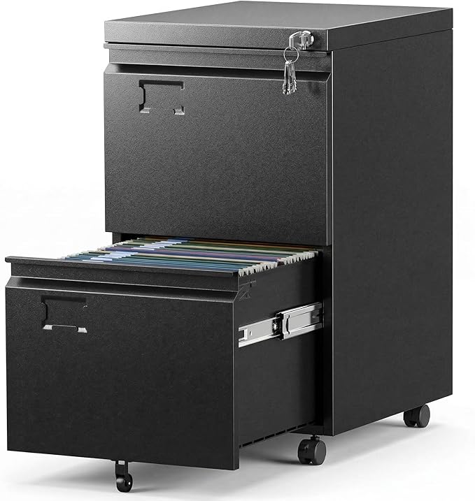 Aobabo Rolling File Cabinet with Lock,2 Drawer Metal Filing Cabinet for Home Office & Under Desk, Heavy-Duty Mobile Storage with 5 Wheels (Anti-Tilt), Fits Letter/Legal, Black,Required Assembly