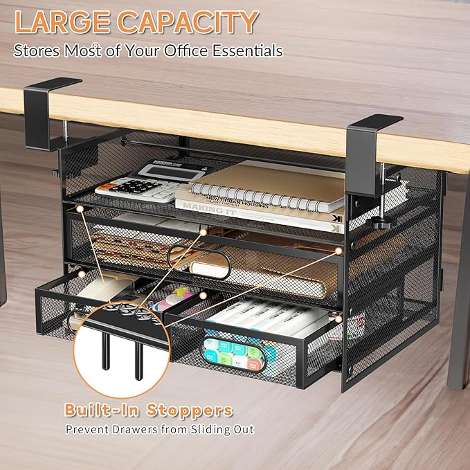 Under Desk Drawer Organizer 3 Layer, Large Under Desk Storage Side Drawers for Home & Office, Drill-Free Clamp-on Installation for Small Space, Spacious Storage for Office Supplies, Papers