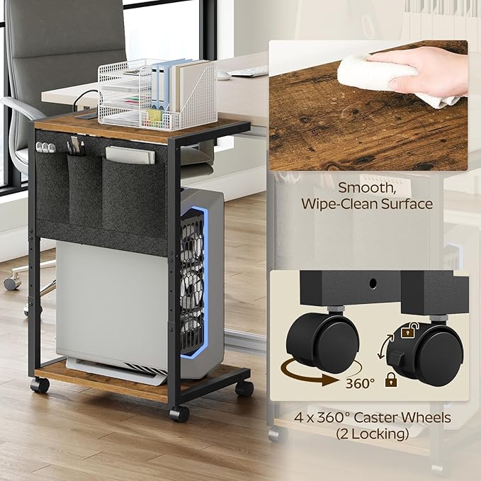 YATINEY PC Stand, Computer Tower Stand with Charging Station, Height Adjustable PC Tower Stand for Floor, 2 Tier Computer Cart On Wheels, 23.1" -29"H,19.7"L x 11"W, for Home Office,Rustic Brown CJ60BR