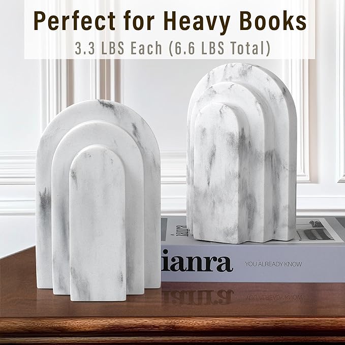 Heavy Duty Bookends for Shelves, 6.6 LBS Heavy Book Ends for Heavy Books, Decorative Modern Bookends with Faux Marble Look, Layered Arch Book Stopper for Bookshelf Holder Set of 2, Marble White