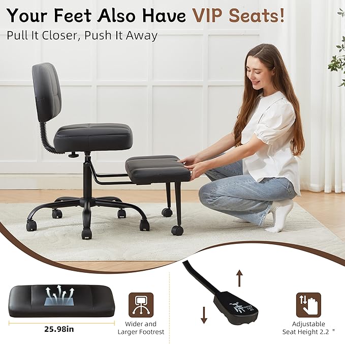 Ergonomic Criss Cross Legged Office Chair, ADHD Chair, 360° Swivel Meditation Kneeling Chair with Wheels, Adjustable Footrest, Bigger & Wider Height Adjustable Seat, Strong Lumbar Support, Black PU