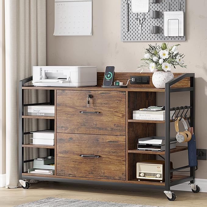 SEDETA 44" File Cabinet, Filing Cabinet fits Legal/Letter Size, 2 Drawer File Cabinets for Home Office with Lock, Power Strip, 6 Storage Shelves, Rustic Brown