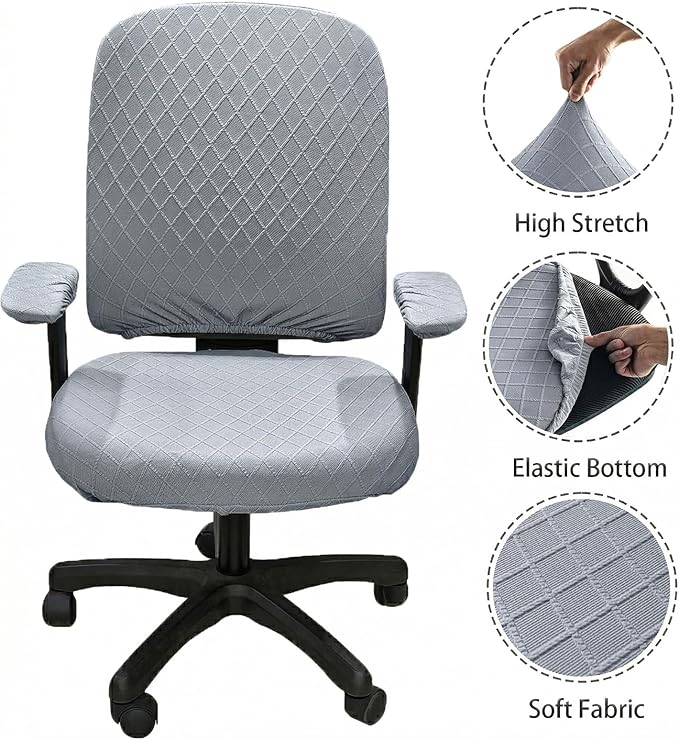 Stretch Jacquard Office Chair Cover with Armrest Covers, Removable Washable Desk Chair Cover, Anti-dust Seat Cushion Protectors -Seat + Backrest, Grey