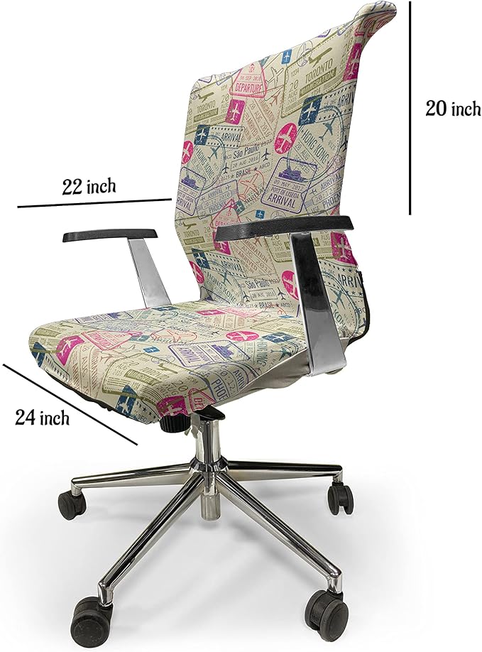 Ambesonne Travel Office Chair Cover, Passport and Visa Stamps Illustration of Toronto Hong Kong Berlin Print, Stretchable Decorative Universal Size High Back Printed Slipcover, Eggshell Pink