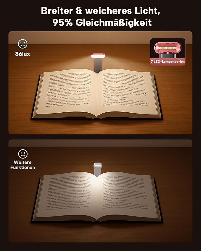 86lux Book Light, Reading Light for Book in Bed, USB Rechargeable LED Night Light with 3 Colors & Stepless Dimming, Aluminum Alloy Bookmark Light for Book Lovers, Red