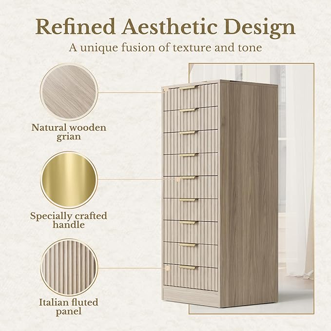 9 Drawer File Cabinet, Wooden Office Cabinet with Drawers, Fluted Storage Filing Drawer for Home Office, Light Walnut