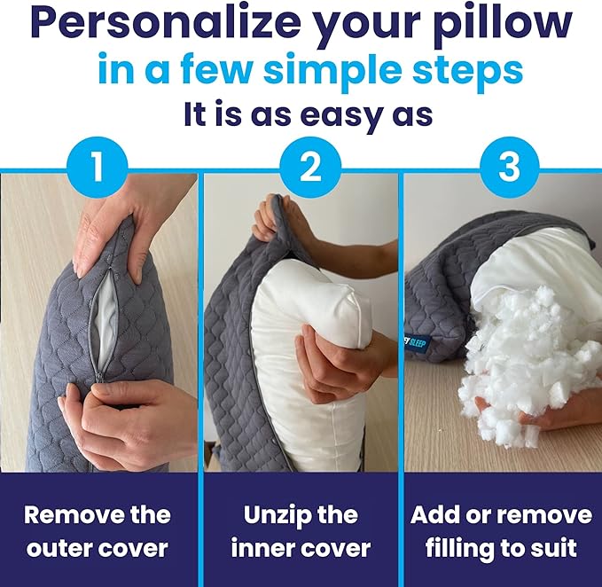 Sidney Sleep Adjustable Curved Pillows for Neck and Shoulder Support with Extra Shredded Fill - Cervical Contour Pillow for Side and Back Sleeper - King Size - 19" x 36" CertiPUR-US Certified (Grey)