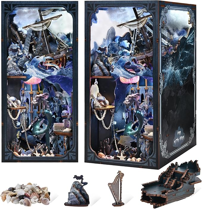 MiniCity Book Nook Kitwith Dust Cover and LED Light, 3D Wooden Puzzle Bookend Bookshelf Insert Decor for Teens and Adults (The Song of Sirens)