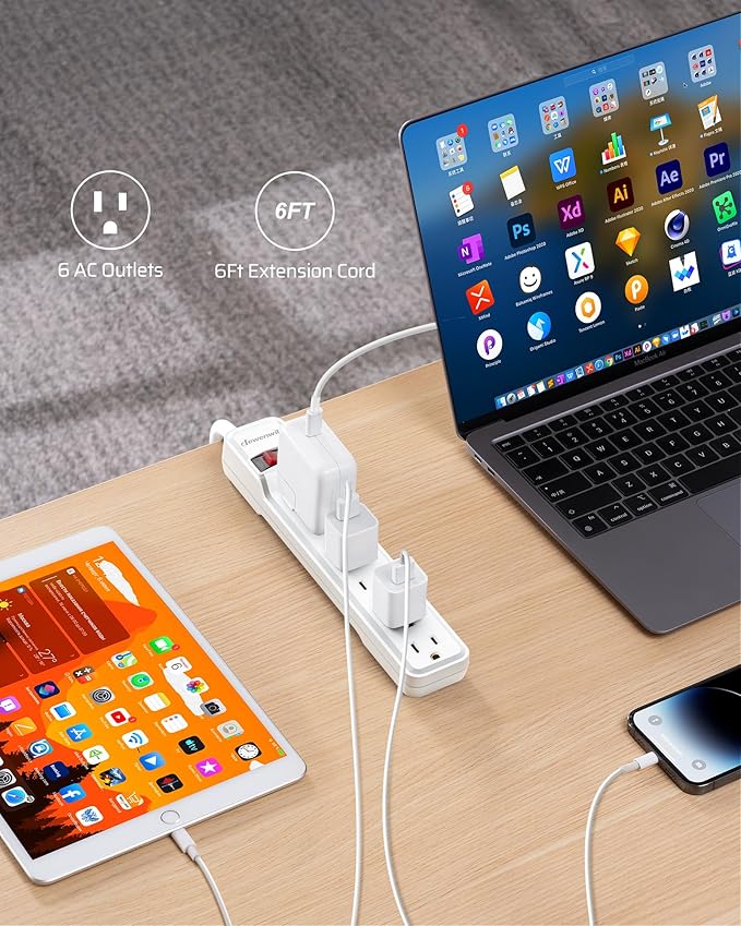 DEWENWILS 2-Pack 6-Outlet Power Strip Surge Protector with 6Ft Long Extension Cord, Low Profile Flat Plug, 15 Amp Circuit Breaker, 500 Joules, Wall Mount, White