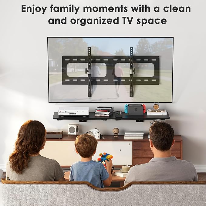 3-in-1 TV Wall Mount & Floating Shelves Kit, Fits 37–75" TVs, Wall-Mount TV Bracket with 2 Wooden Shelves, Max VESA 600×400 mm, for Living Room, Game Room, Bedroom