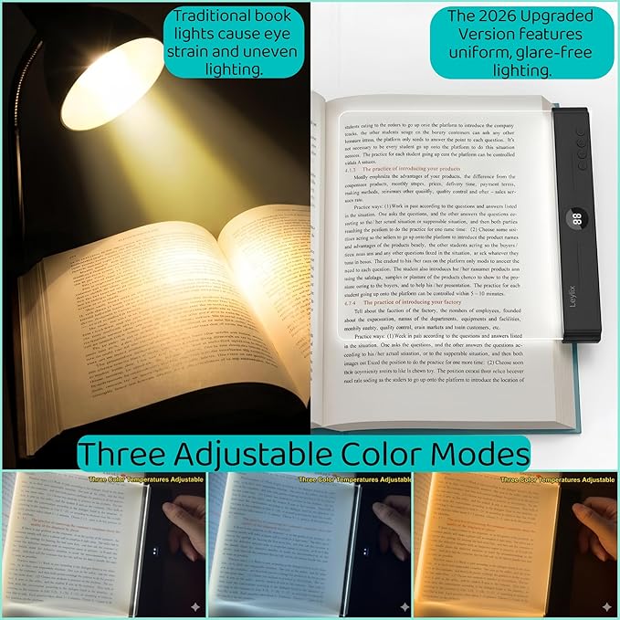 XL LED Reading Book Light Page, Eye-Caring Dimmable Lights for Books in Bed, 3 Color & Stepless Dimmable, USB Portable Flat Panel Lamp Page, Night Light for Kids & Adults (Matte Black)